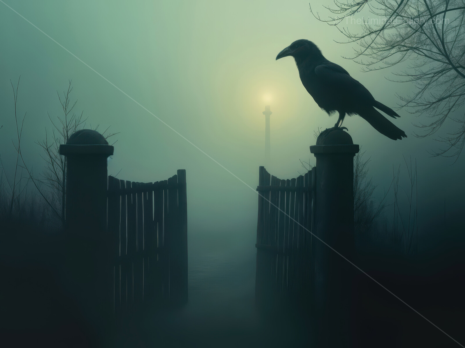 Mysterious silhouette of a crow perched at an enigmatic gate under a haunting foggy sky