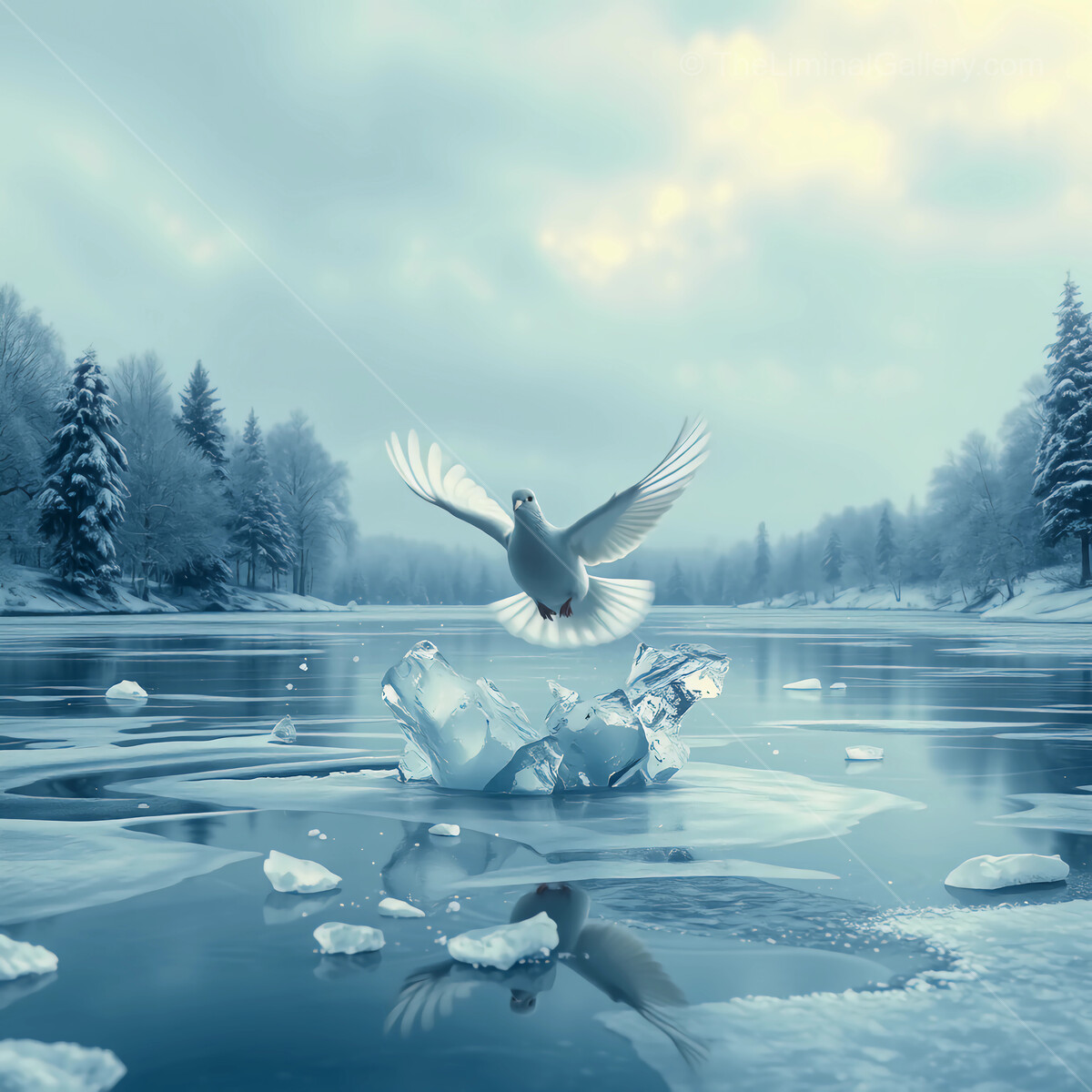 Winter tranquility unfolds as a dove glides over a serene, icy river at dawn