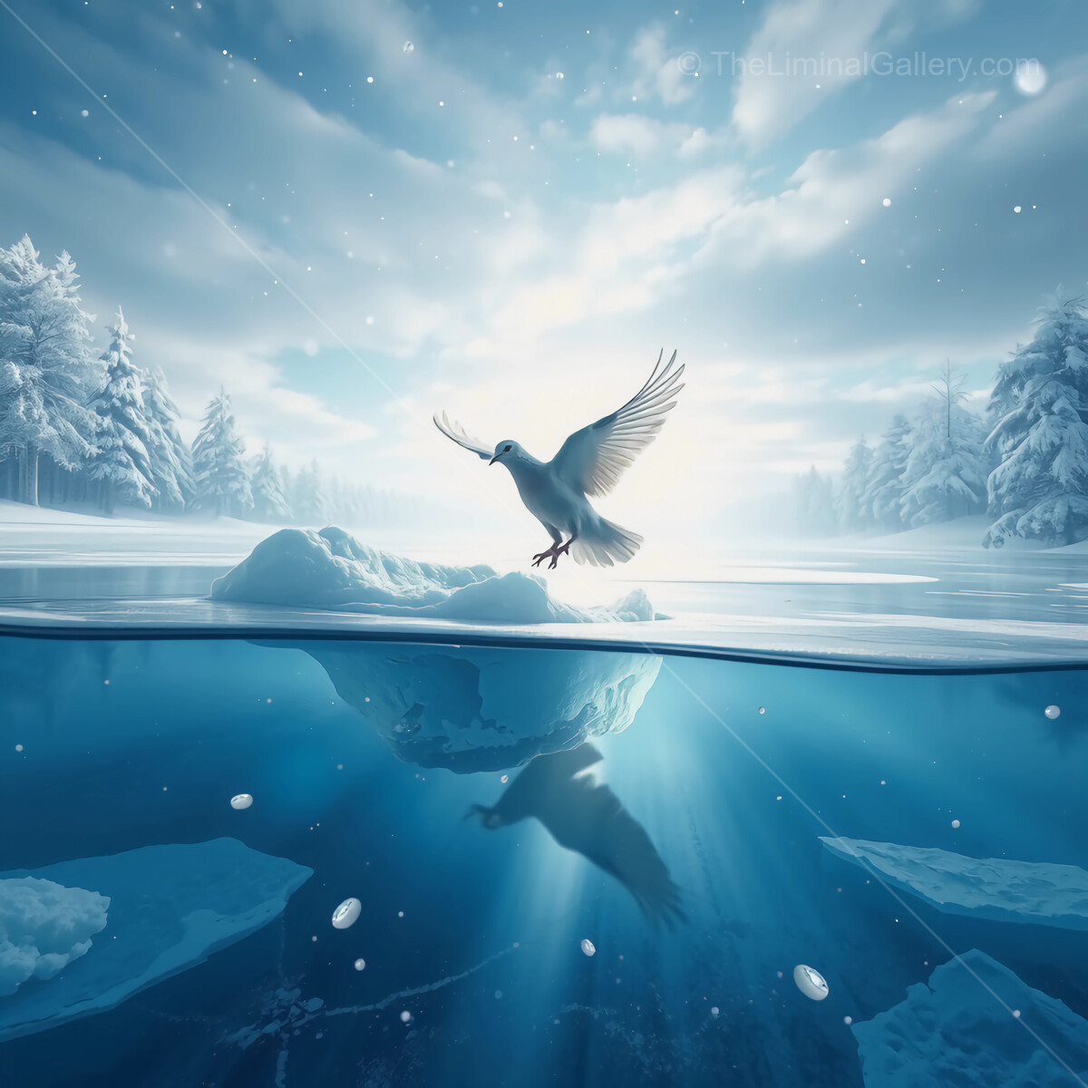 Mystical dove takes flight over shimmering ice lake at dawn