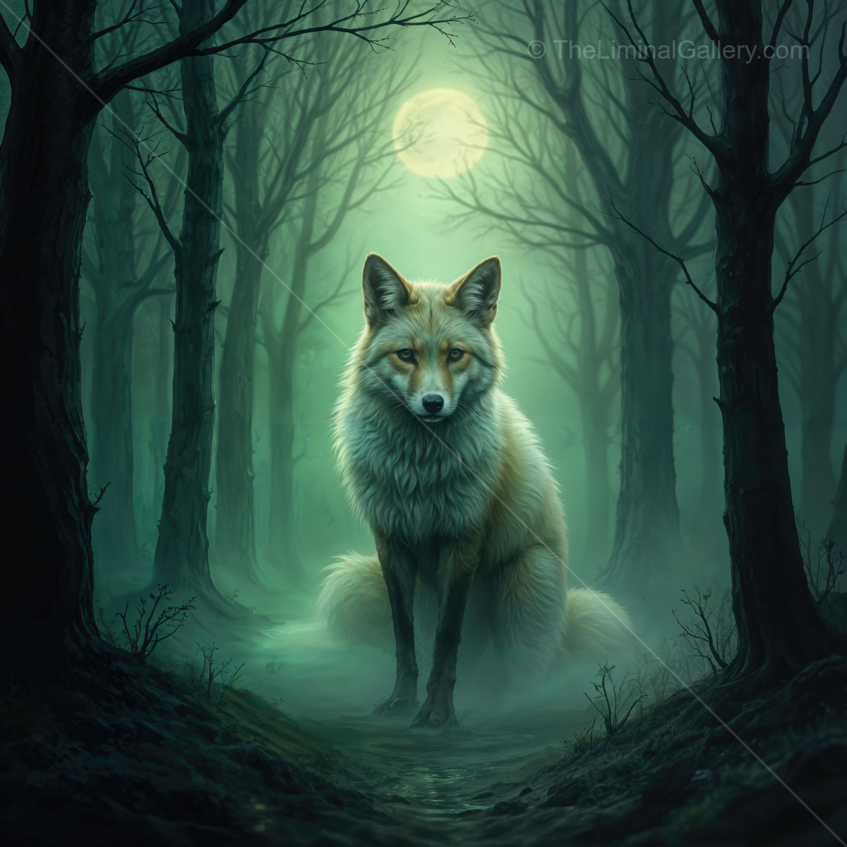 Mysterious encounter with a fox in the eerie moonlit forest at twilight