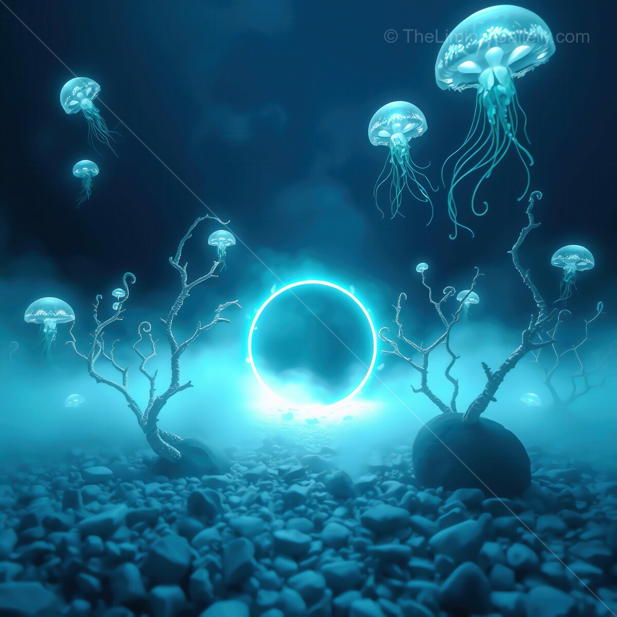 Beneath the ocean's surface, glowing jellyfish dance in an ethereal liminal underwater realm at twilight