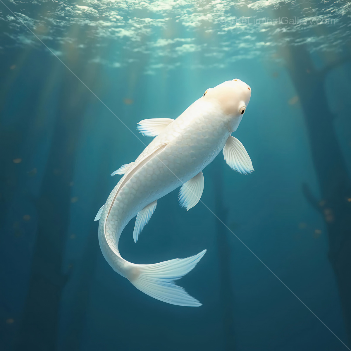 Dreamlike journey through ethereal waters with a koi gliding beneath shimmering light