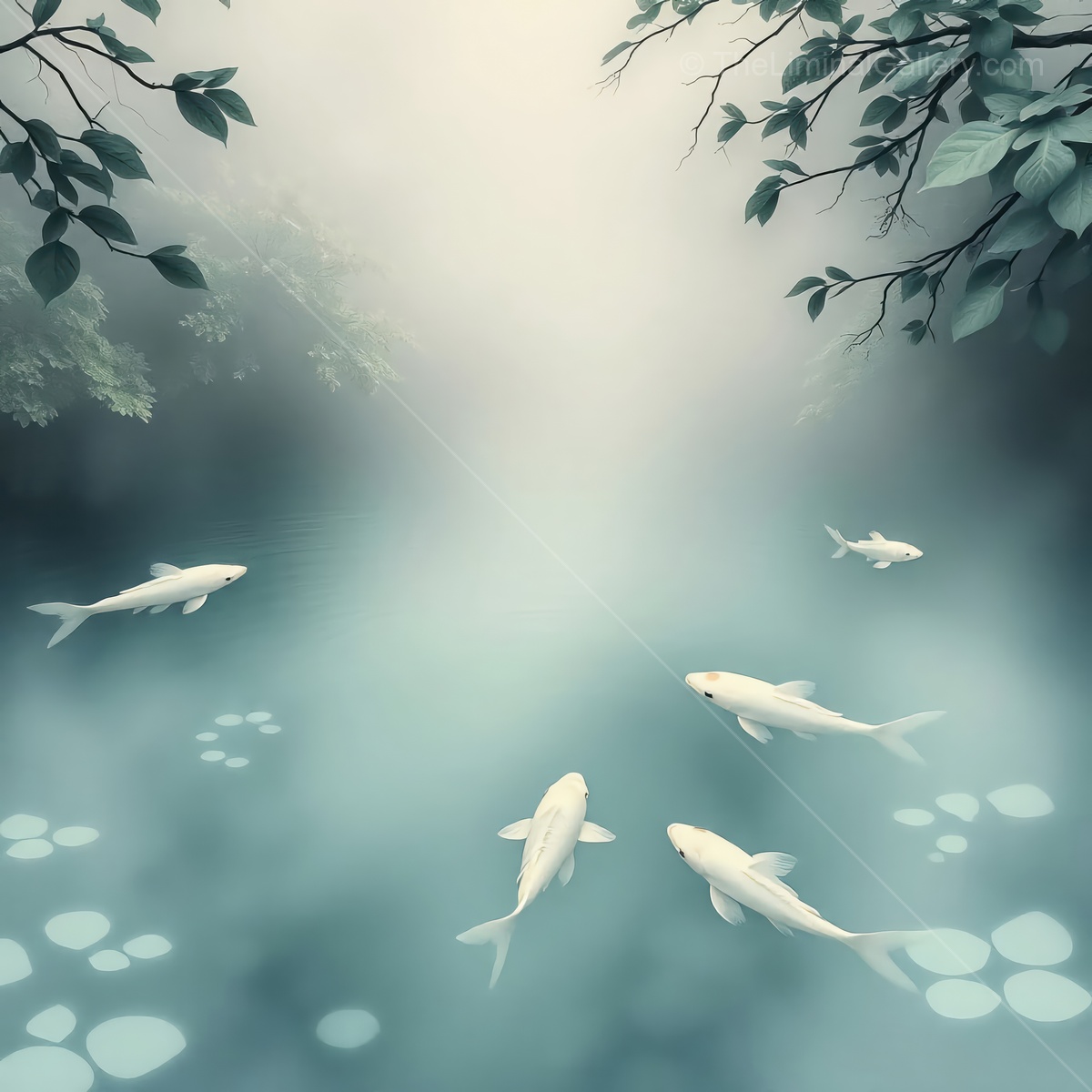 Whispers of tranquil waters reveal graceful koi in a dreamlike liminal space