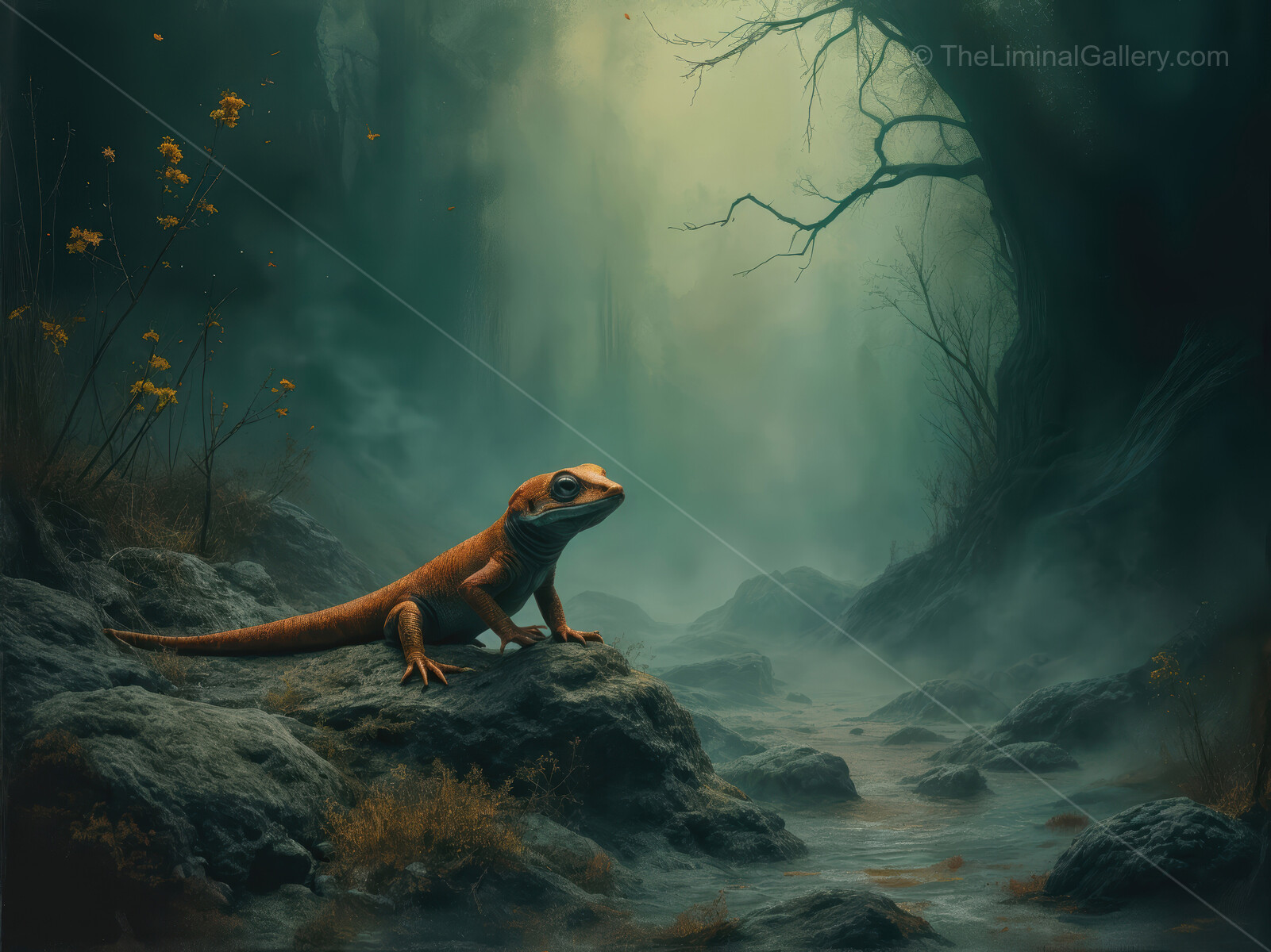 Exploring a mystical realm with a vibrant lizard by a tranquil stream in a foggy forest