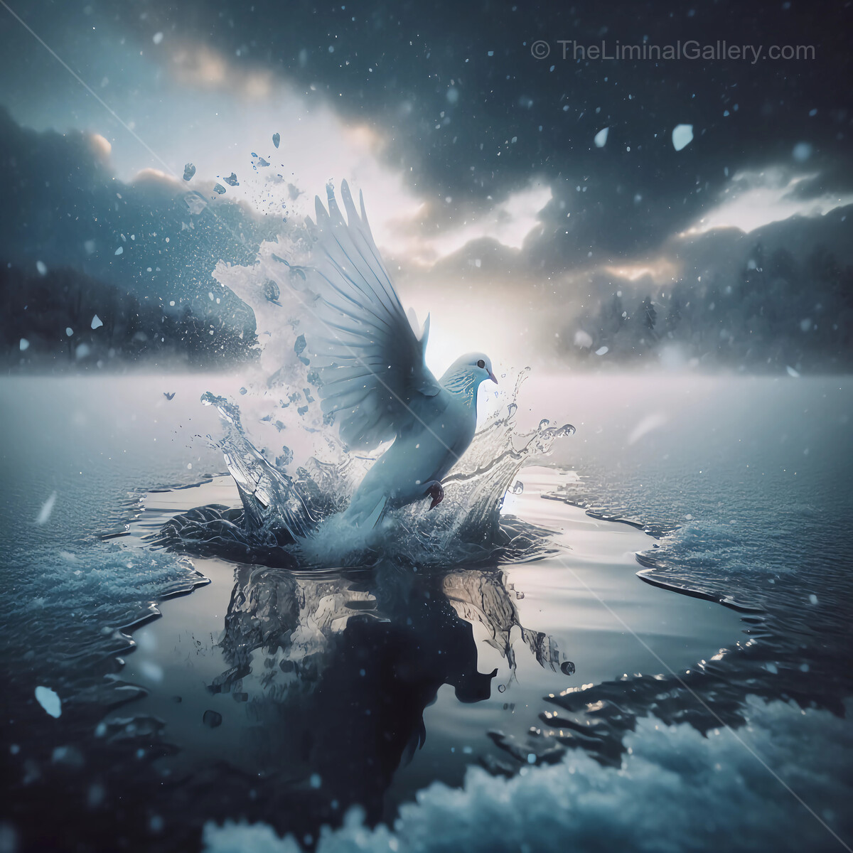 Majestic bird gracefully alights on shimmering liminal ice, creating ripples at dawn