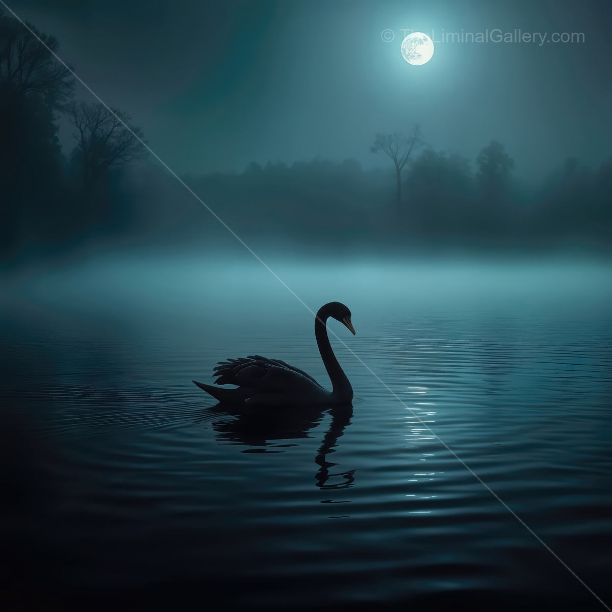 Silhouetted serenity at twilight by the tranquil waters under a full moon glow