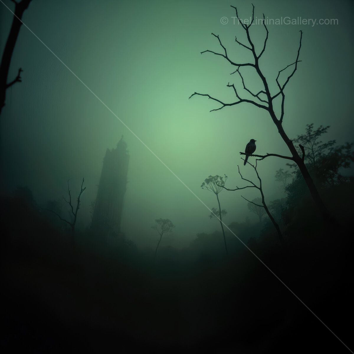 Mysterious silhouettes emerge in a foggy forest at dawn with a lone bird perched on a tree branch