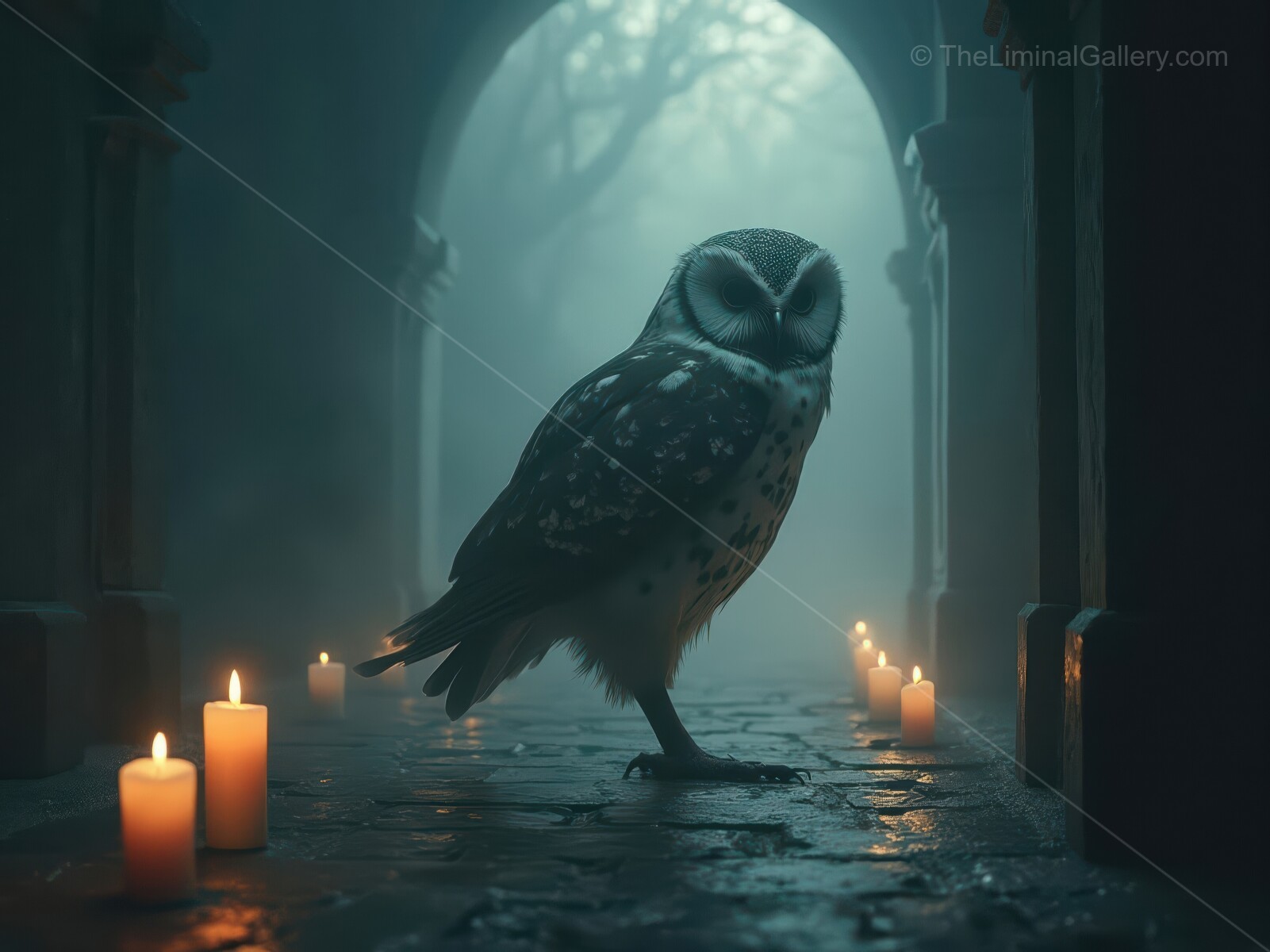 Eerie owl stands guard in a foggy archway illuminated by flickering candles at twilight