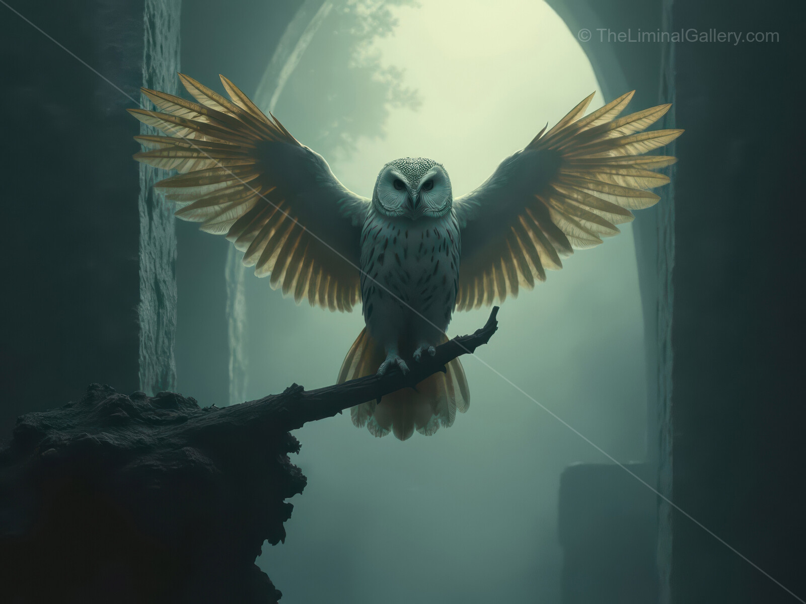 Surreal owl takes flight amidst ancient ruins, embodying the essence of liminality in a mystical twilight setting