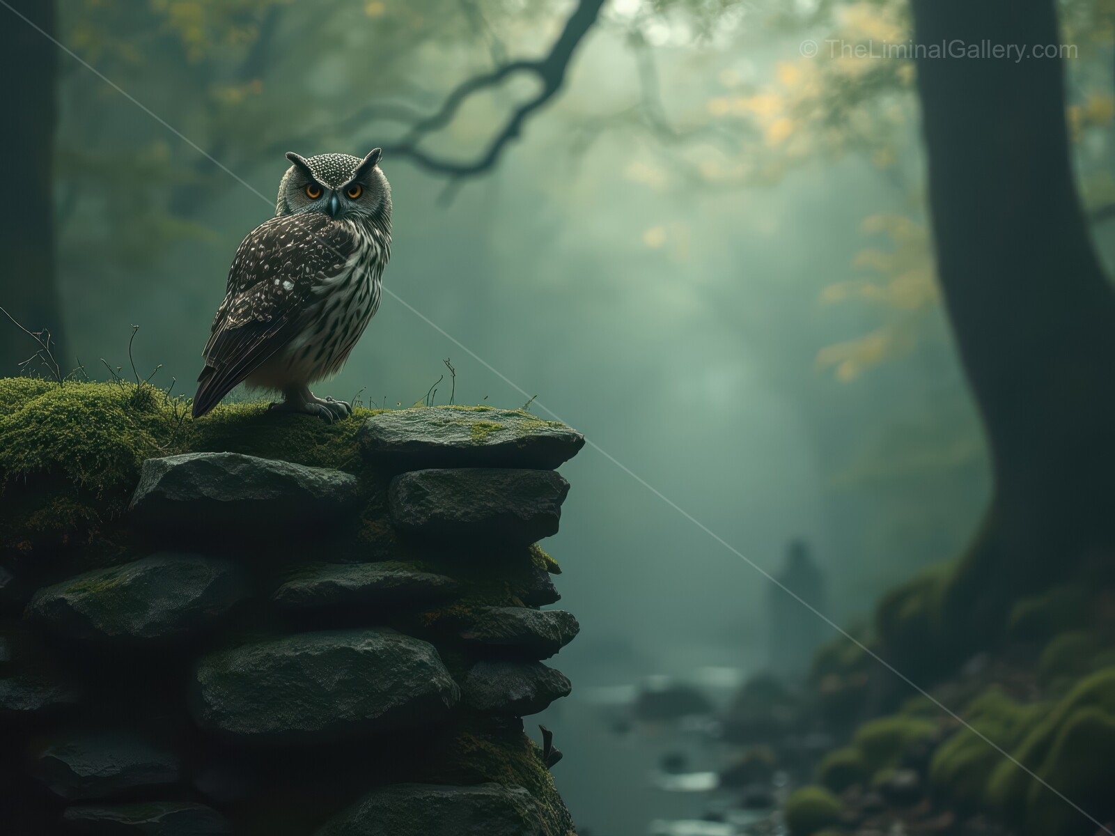 Enchanting owl perched on a moss-covered stone in a misty forest at twilight