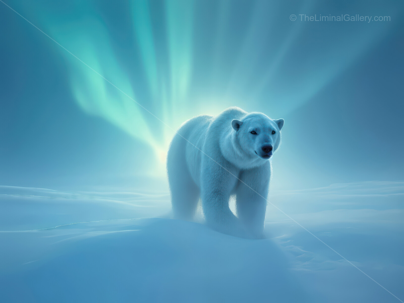 Polar bear illuminated by ethereal northern lights in a snowy wilderness