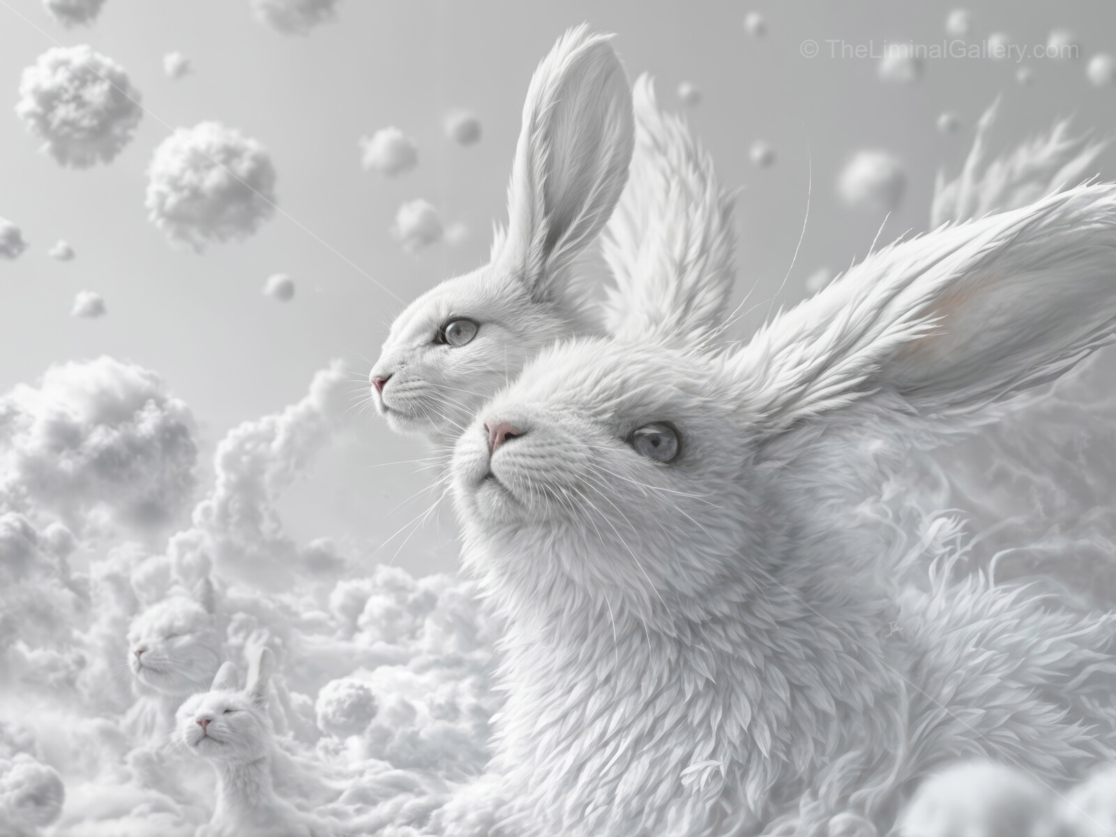Whimsical rabbits frolic in a dreamlike world of soft clouds and ethereal light