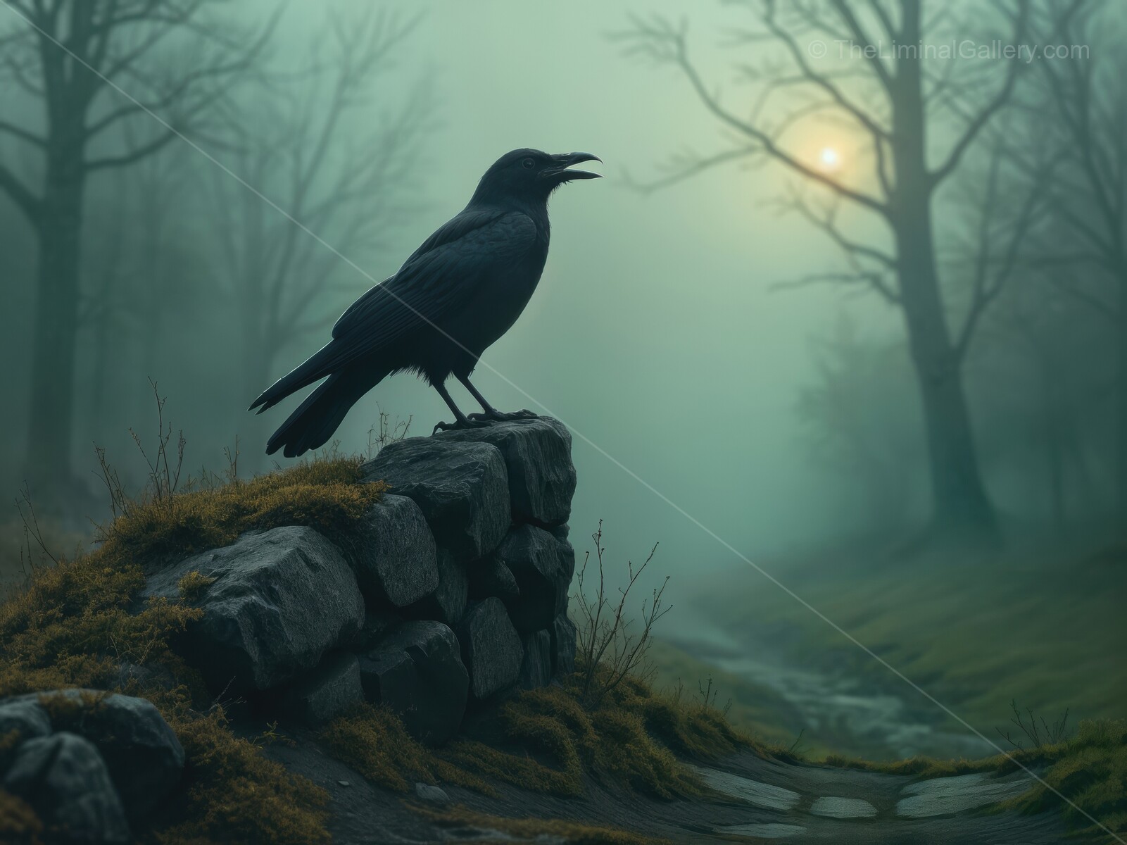 Cawing raven perched on a mossy stone amidst a foggy liminal forest at dusk