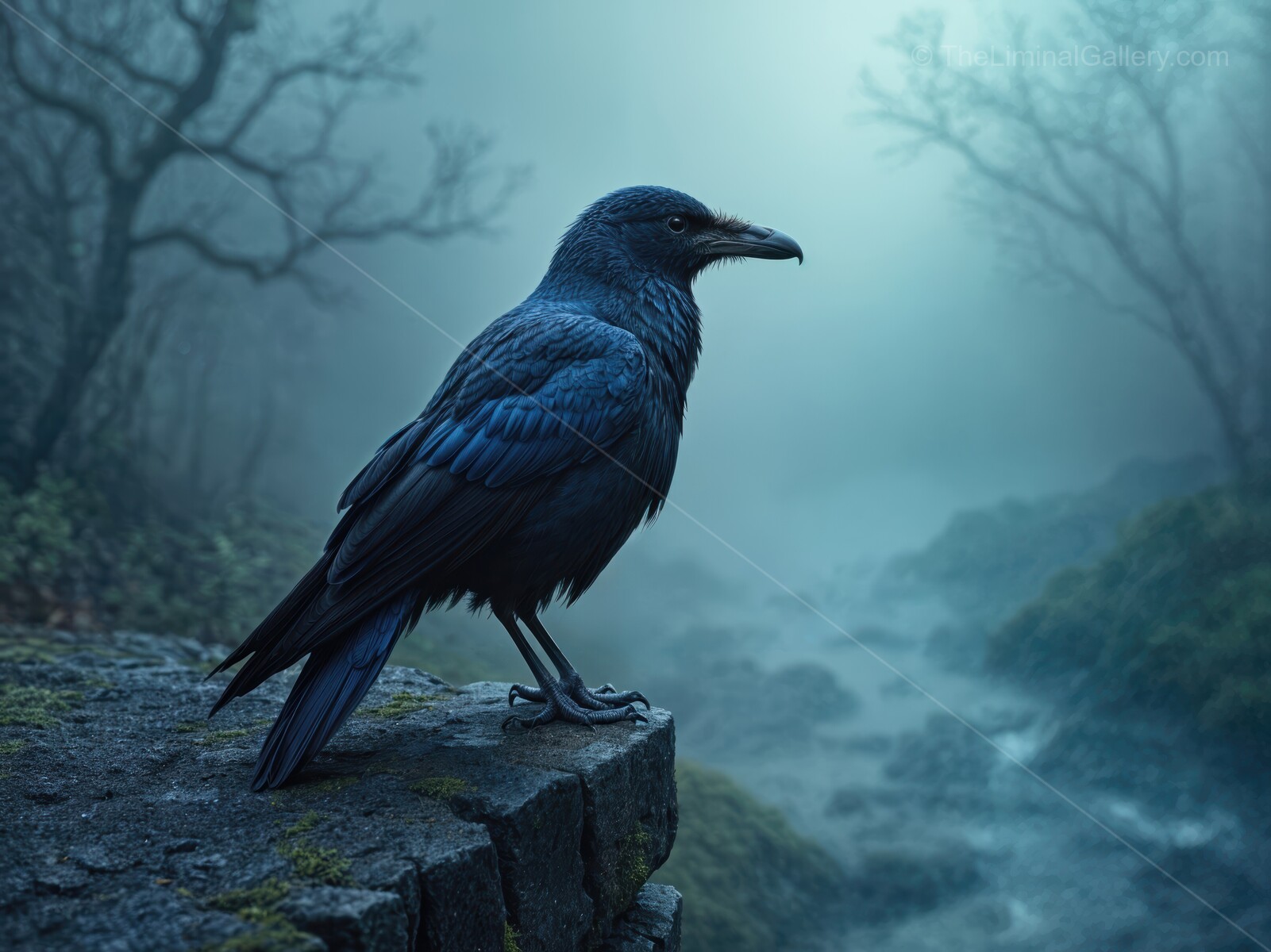 Mysterious raven perched on a stone in a foggy, ethereal landscape at dawn
