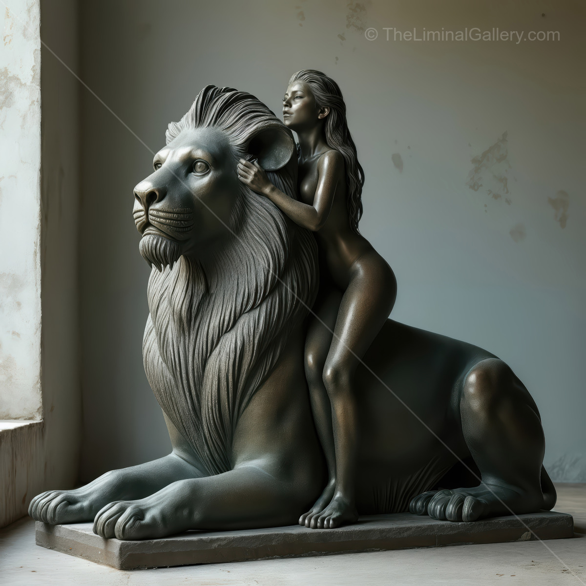 Sculpture of a woman embracing a majestic lion in a serene indoor setting