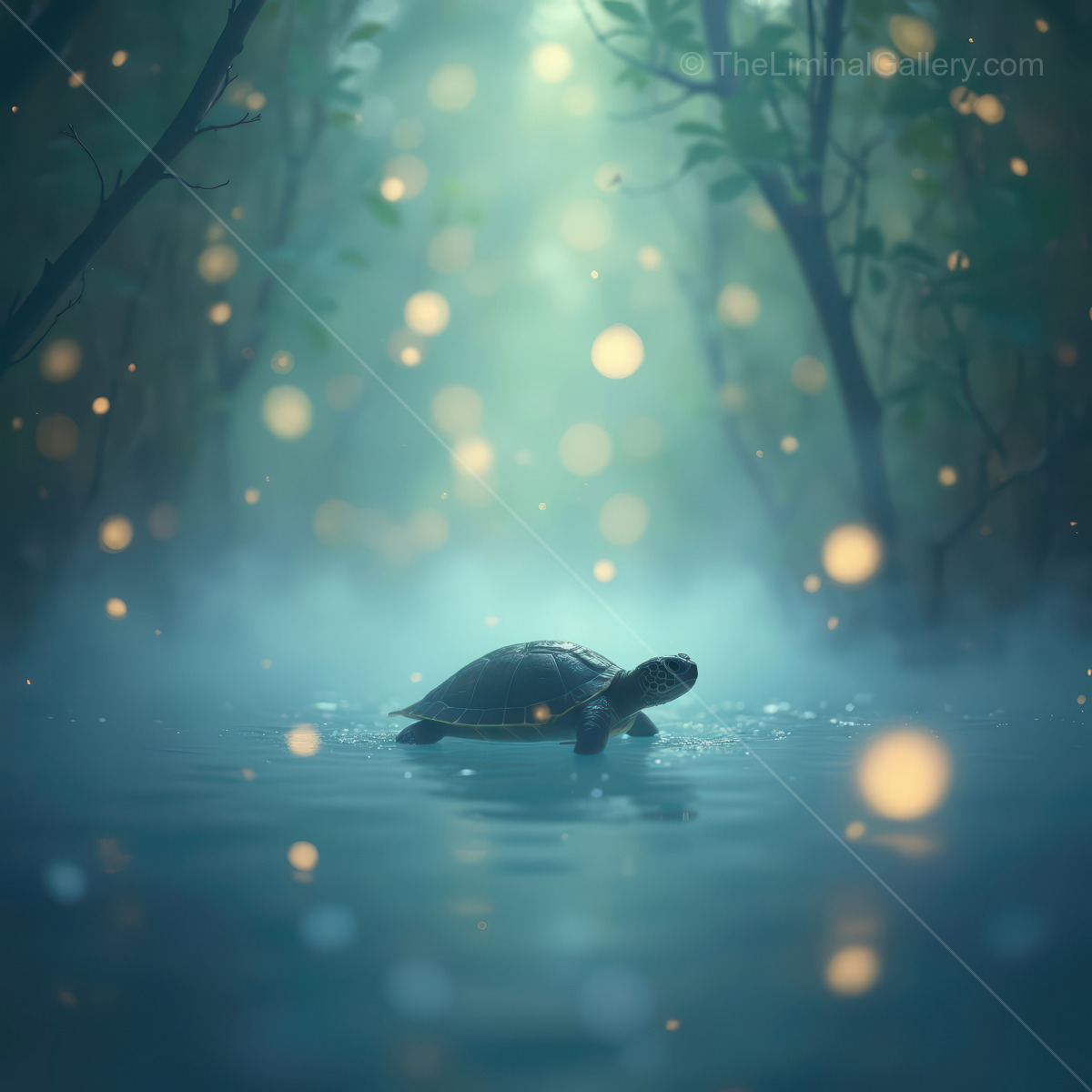 Luminous encounter of a turtle gliding through a misty, enchanting waterway at twilight