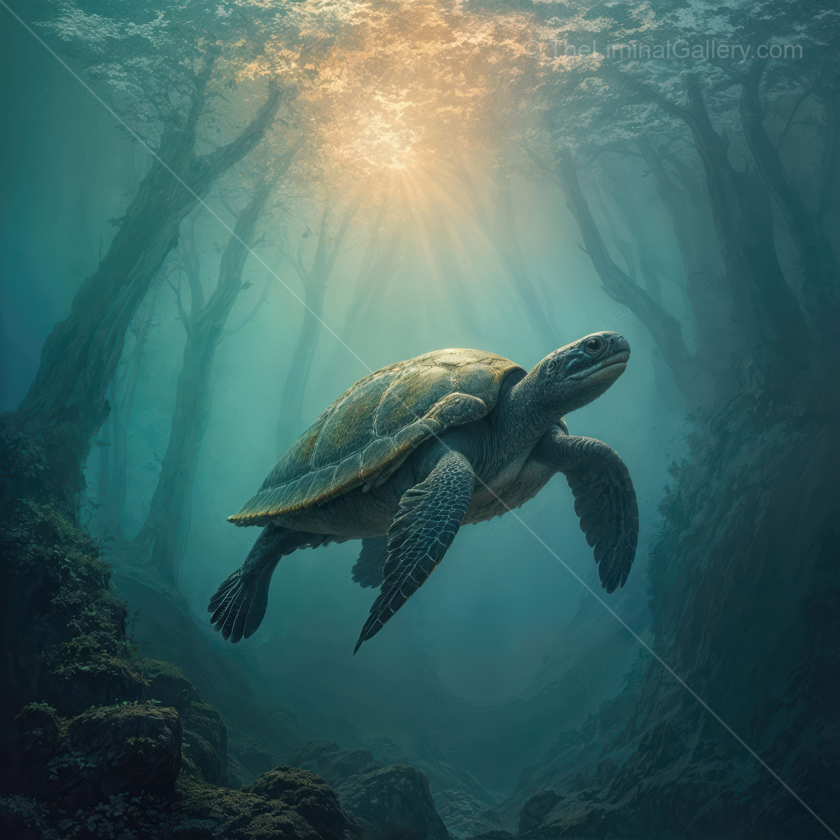Discovering the serene depths of an underwater forest with a graceful turtle