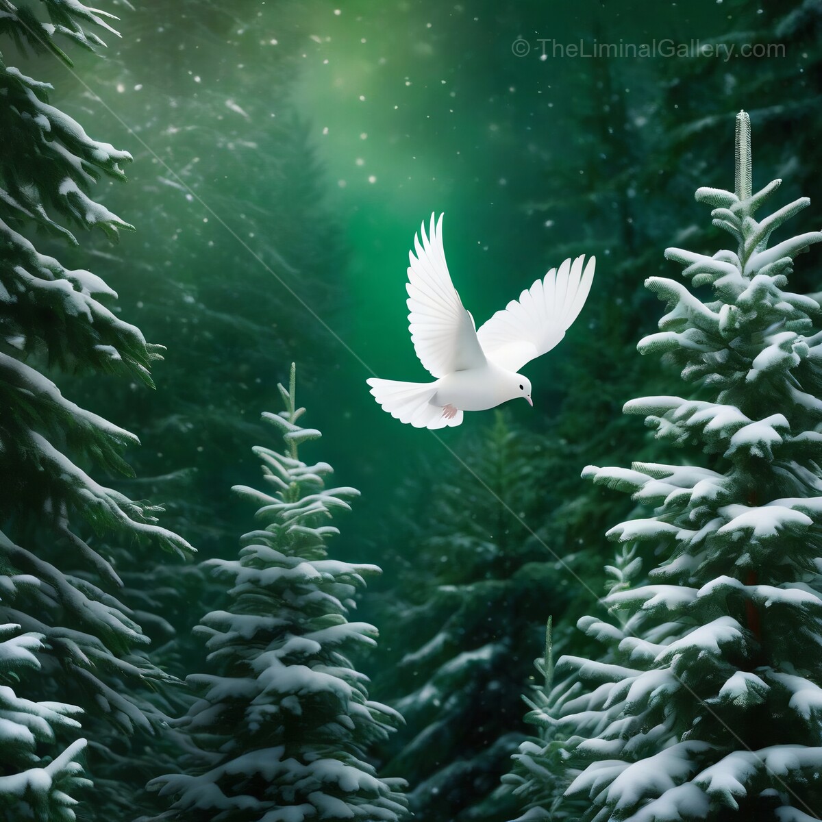 Majestic white dove soars gracefully above snow-covered evergreens at twilight