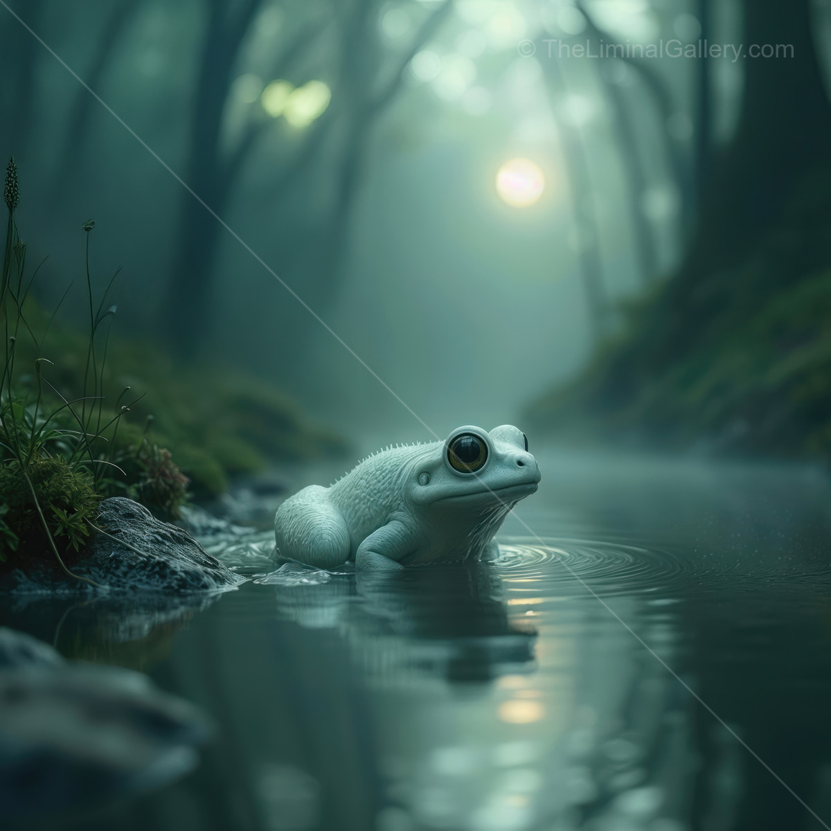 White frog at the edge of a tranquil stream in an ethereal forest at dusk
