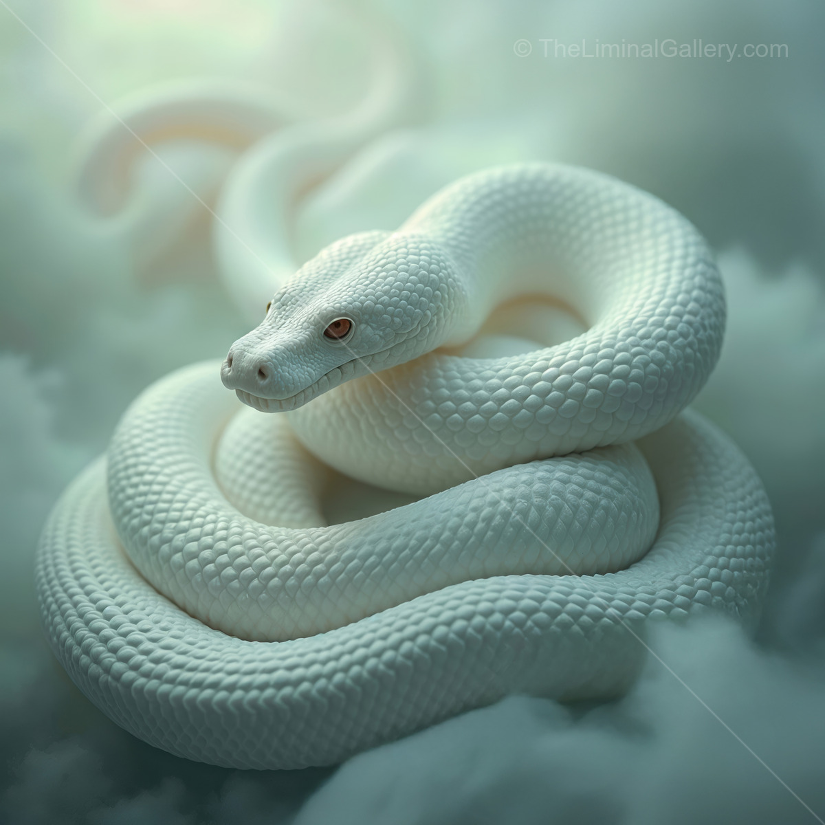 Coiled in mist, a ghostly white snake weaves through a dreamlike liminal space