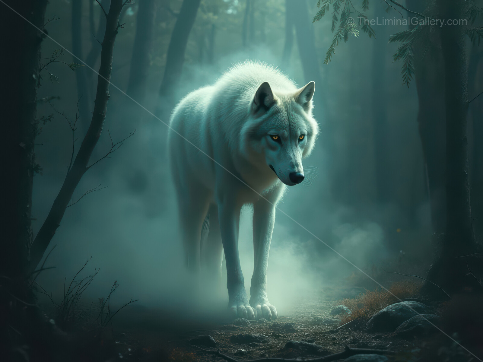 Mystical white wolf traverses a foggy forest at twilight, embodying the essence of otherworldly liminality