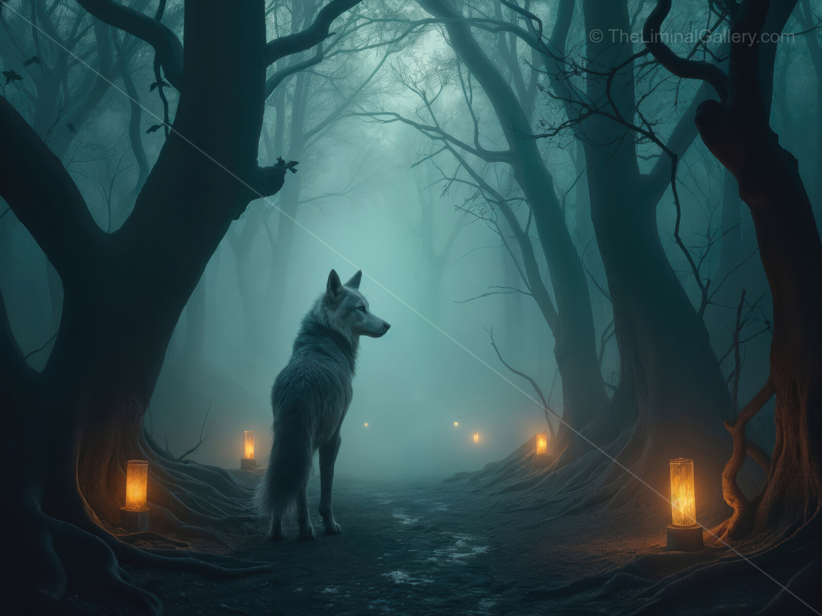 Glimmers of light break the silence in a misty forest with a lone wolf standing vigil