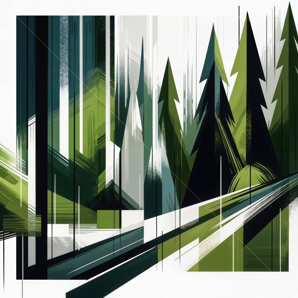 Vibrant green forest canvas showcasing abstract tall trees and winding path in a serene atmosphere