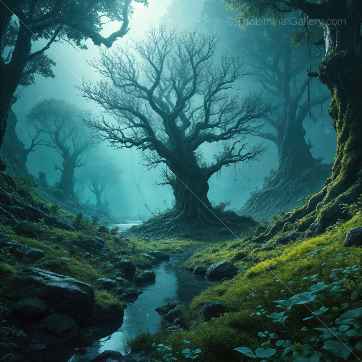 Mysterious ancient forest with twisted trees and serene stream under foggy light