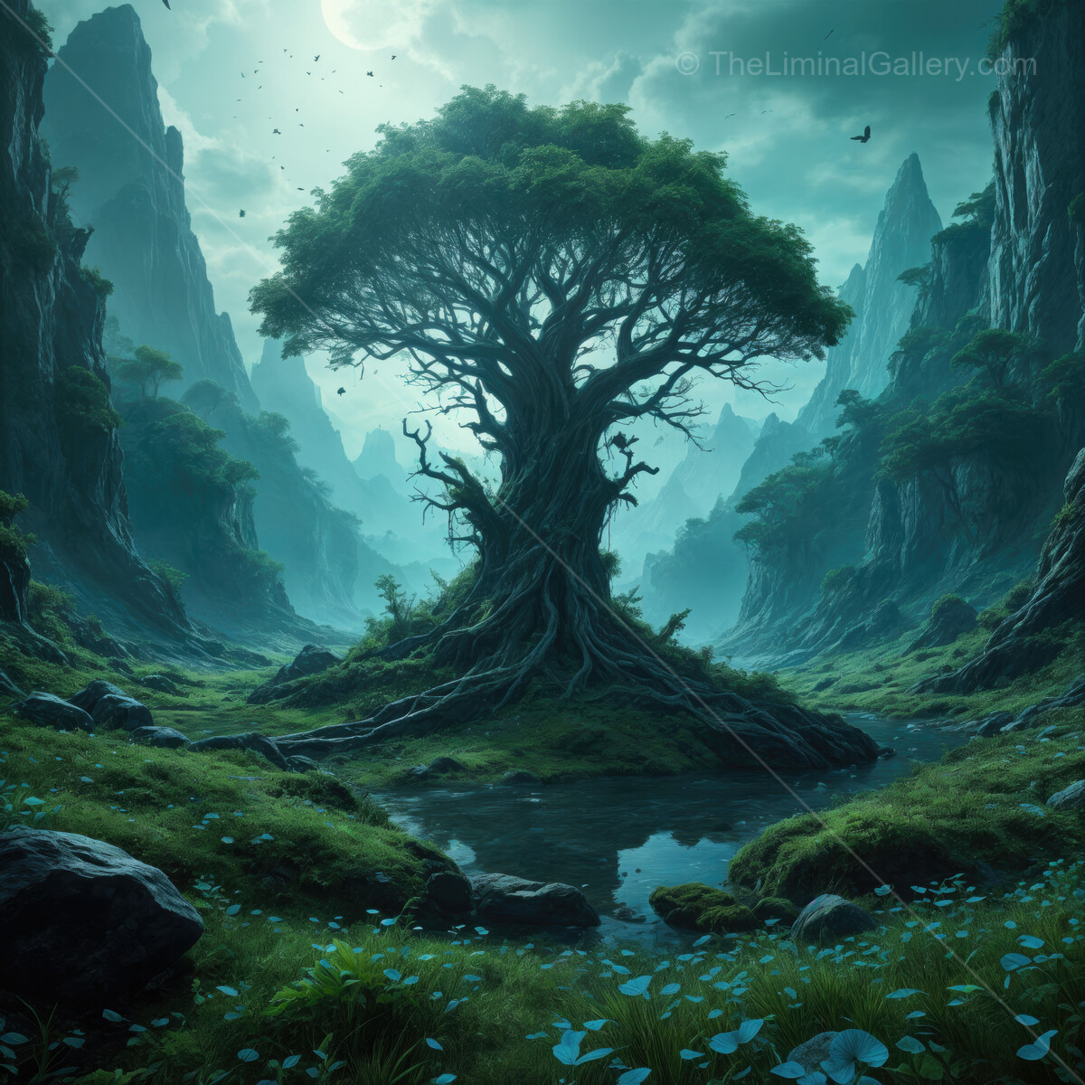 Majestic ancient tree stands tall in an enchanted valley with misty peaks under a starry sky