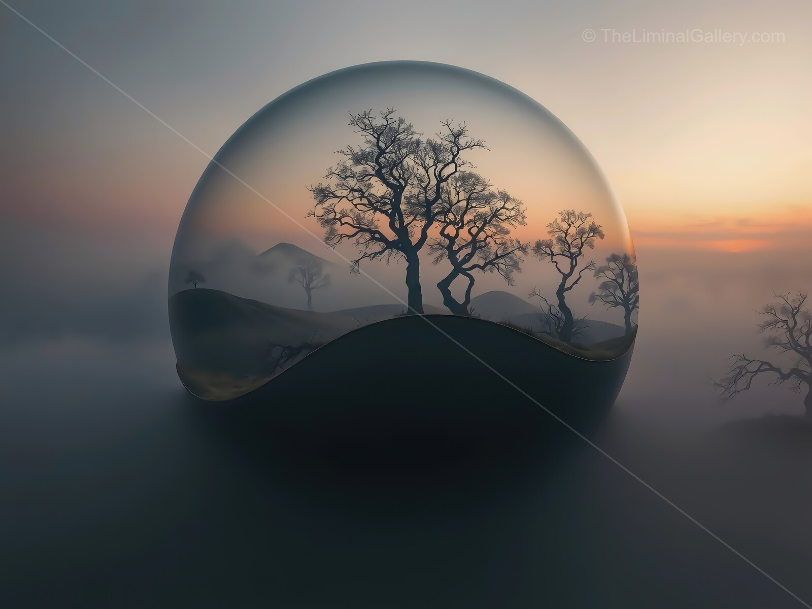 Misty dawn envelops ancient trees within a surreal protective sphere