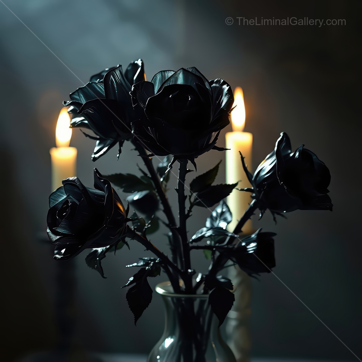 Black roses in a dimly lit room with flickering candles creating an enchanting and mysterious atmosphere