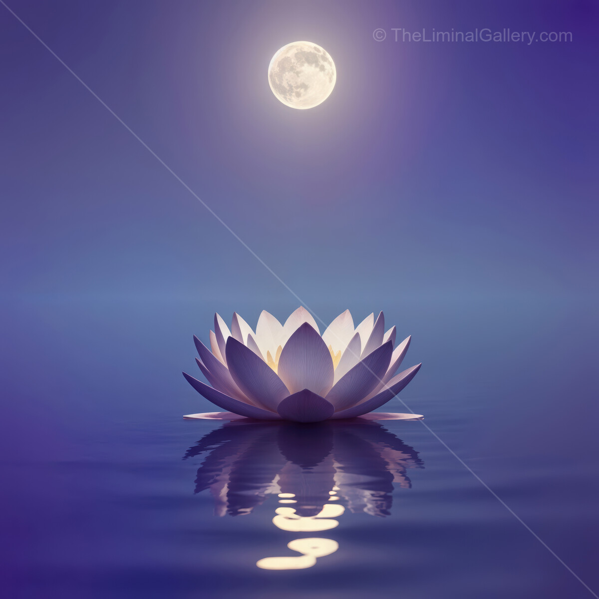 Blooming lotus under a full moon creates a serene atmosphere on calm waters
