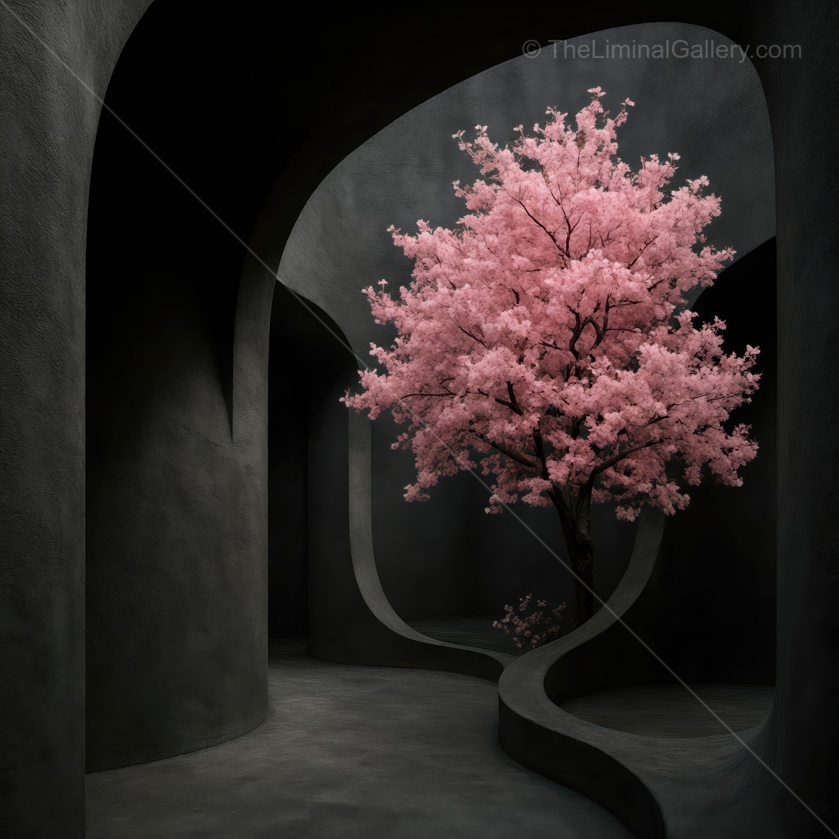 Luminous pathway showcasing a vibrant cherry blossom tree amidst dark, curved architecture in a serene natural space