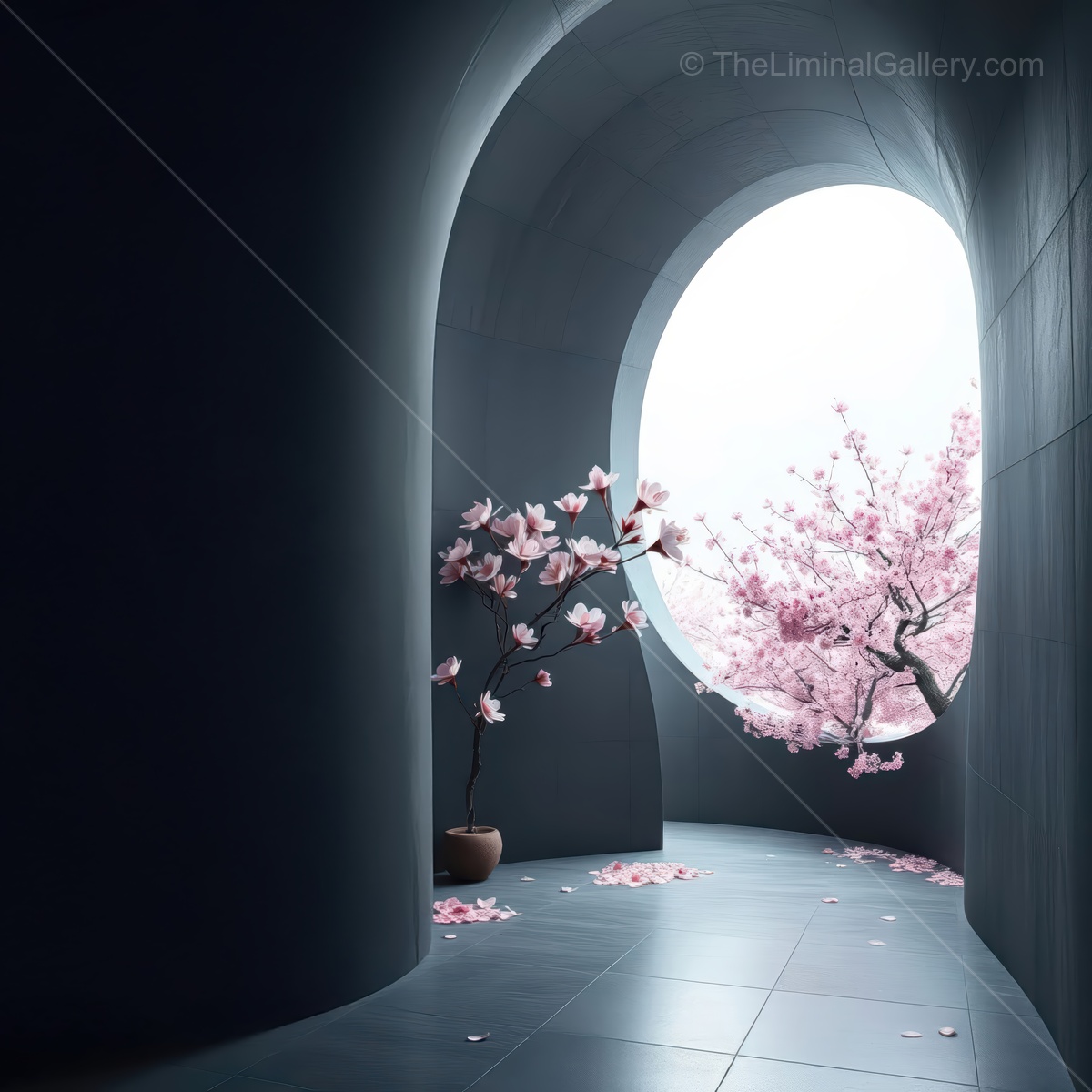 Soft pink blossoms highlight a tranquil space in a modern architectural scene