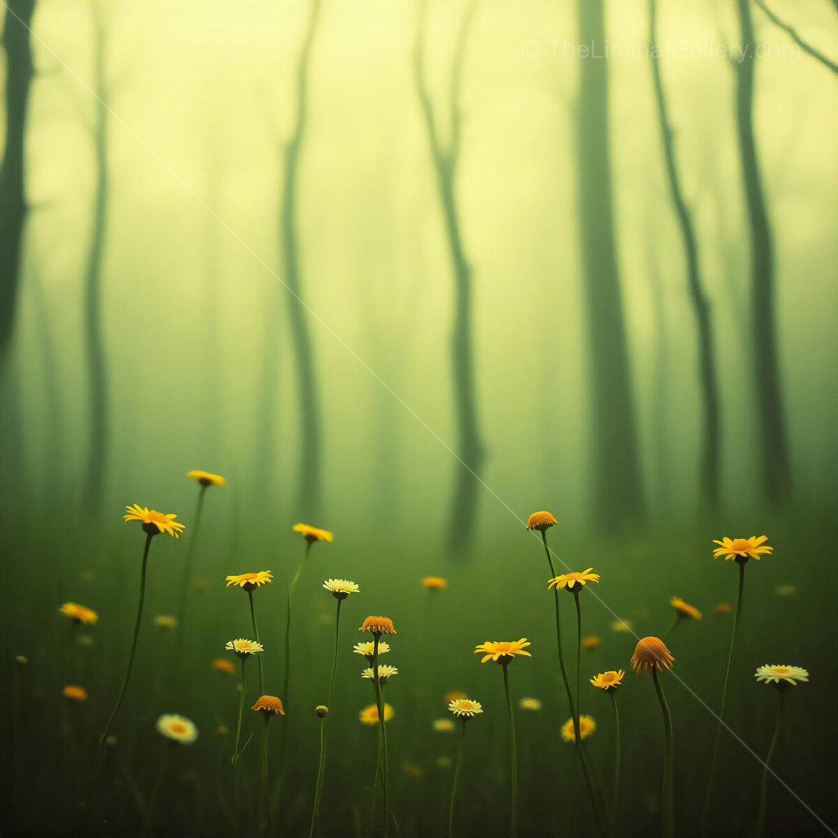 Charming liminal wildflowers bloom amidst misty woodland in early morning light