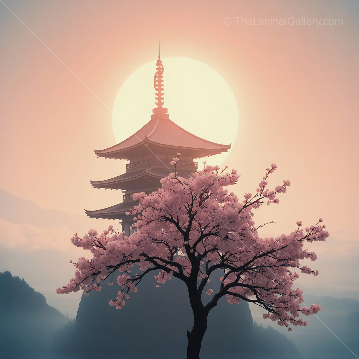 Liminal cherry blossom blooms near serene pagoda against a breathtaking sunset backdrop in a tranquil landscape