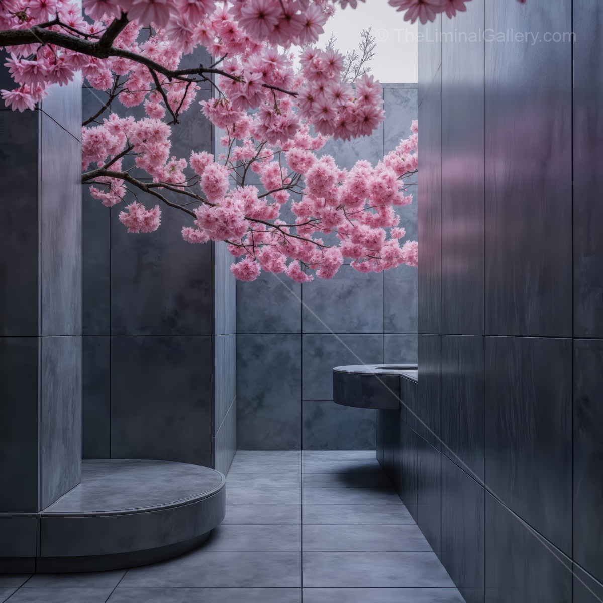 Beautiful cherry blossoms create a serene atmosphere in a modern, minimalist space at twilight