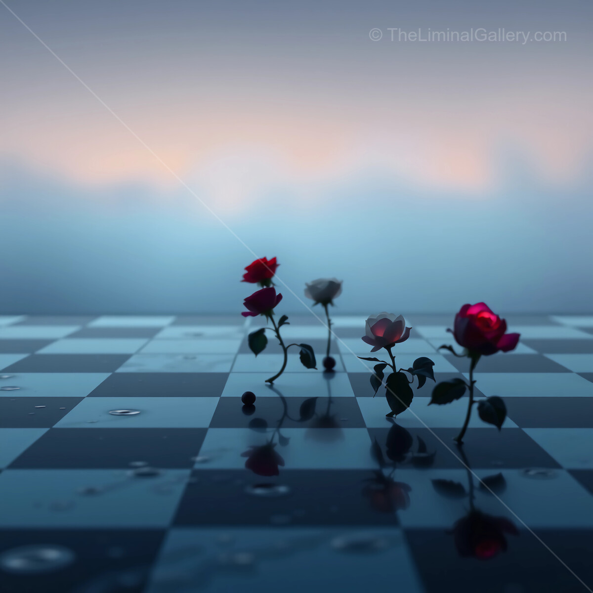 Chessboard liminal blooms in a misty dawn, where roses flourish amidst the quiet beauty