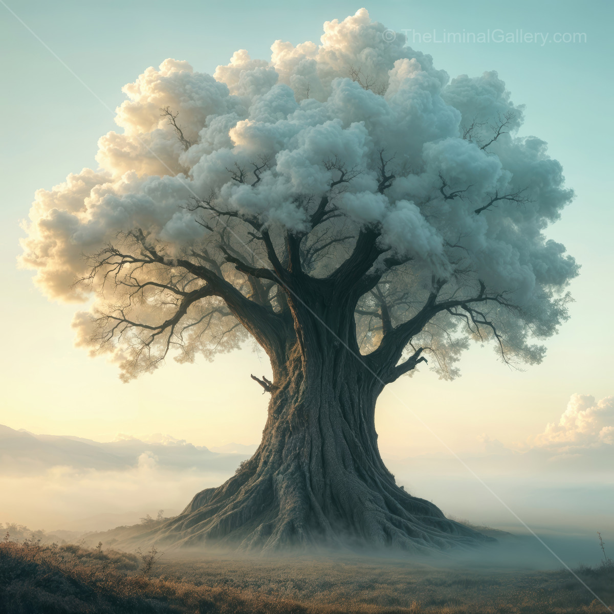Giant ethereal tree with cloud leaves stands majestically amidst a misty landscape at dawn