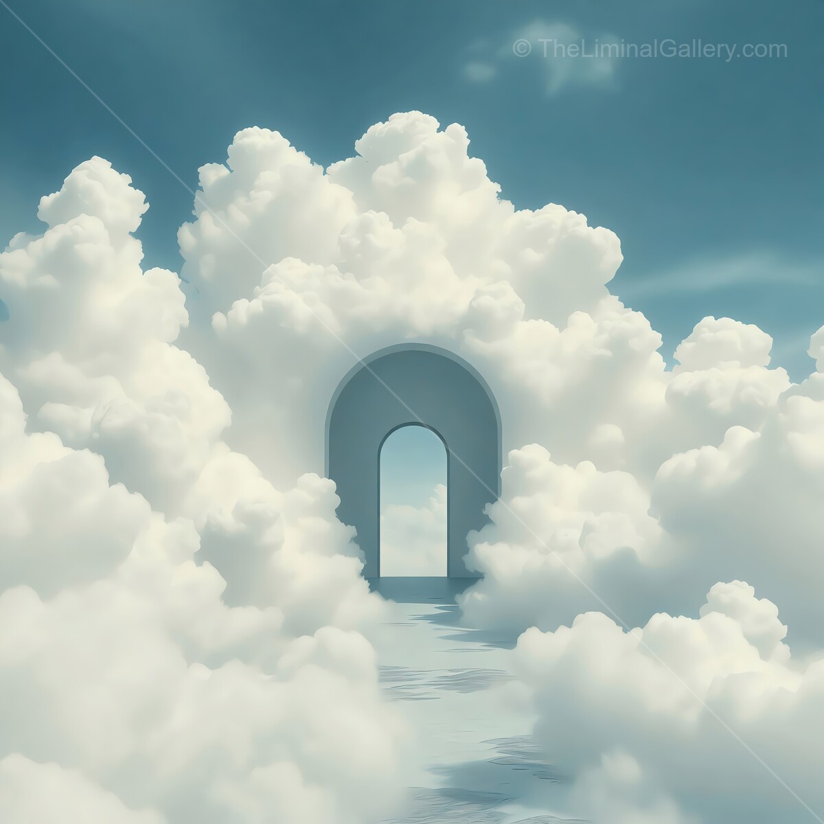Clouds part to reveal a mysterious liminal archway leading to an ethereal paradise above the earth