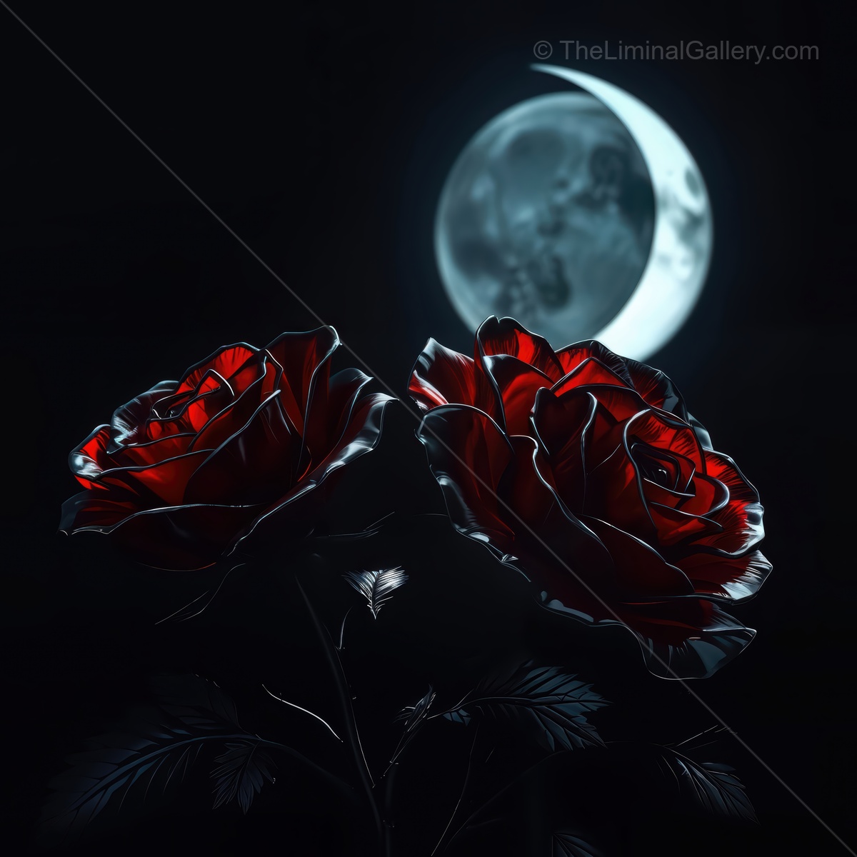Dark roses bloom under a glowing moon in a liminal space full of mystery and enchantment during twilight hours