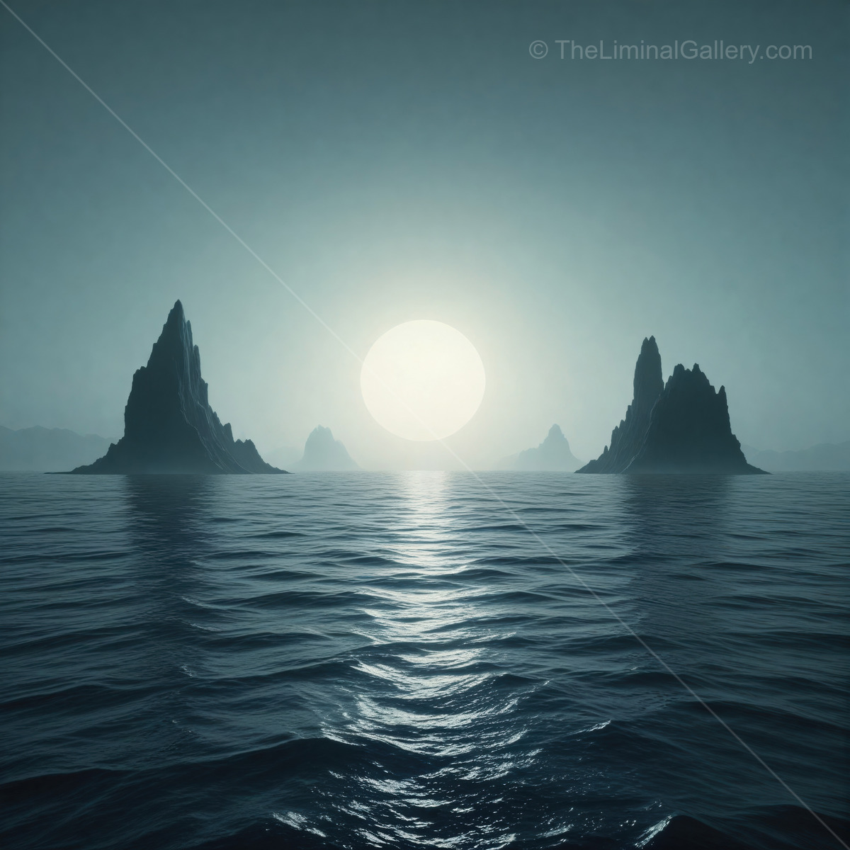 Ethereal landscape at dusk with silhouette mountains and a glowing sun illuminating calm waters