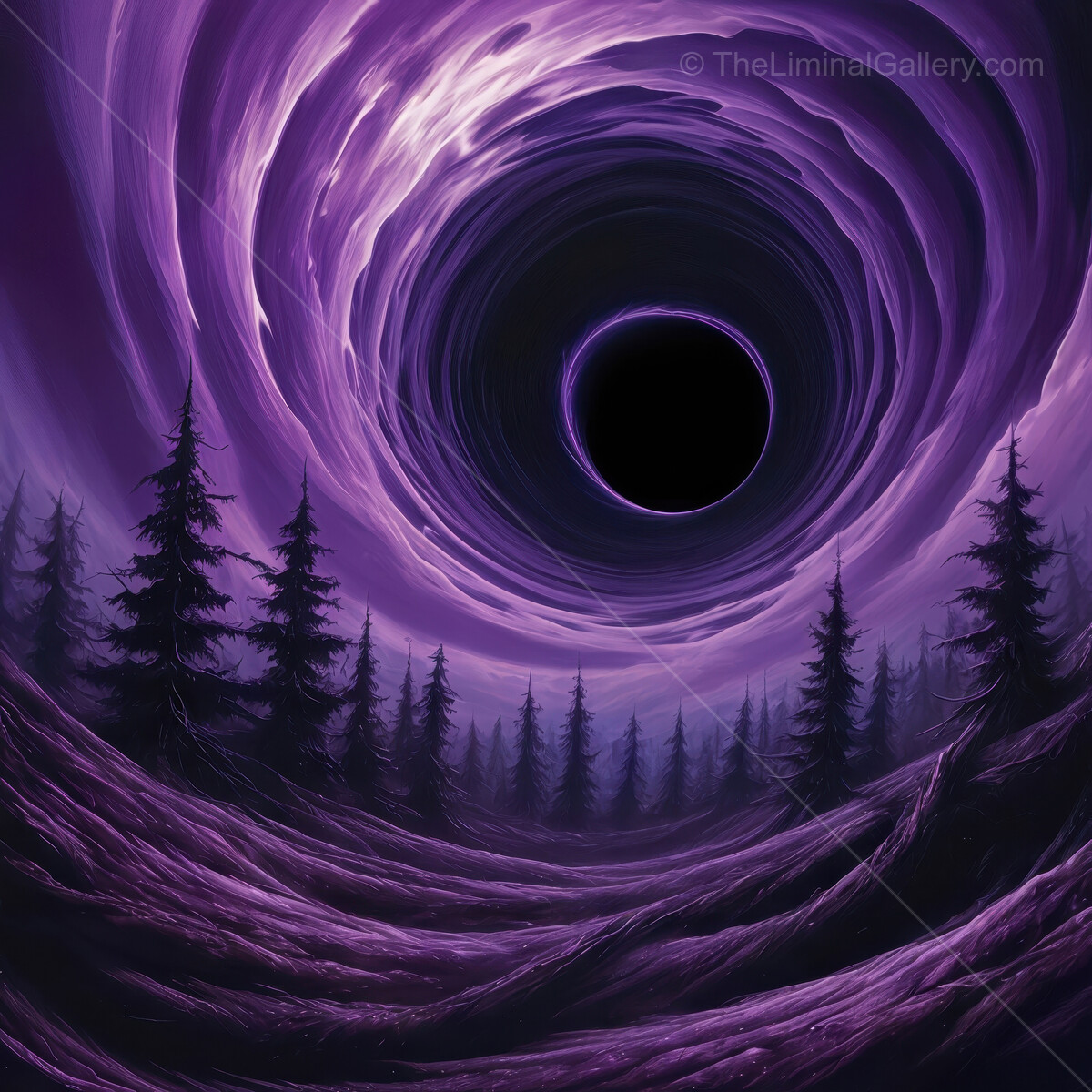 Eerie cosmic vortex looms above a dark forest bathed in purple light