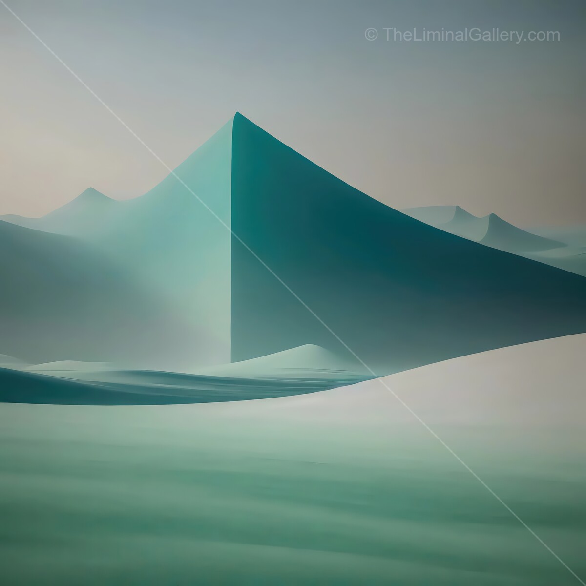 Abstract landscape with geometric shapes and tranquil colors in a misty atmosphere