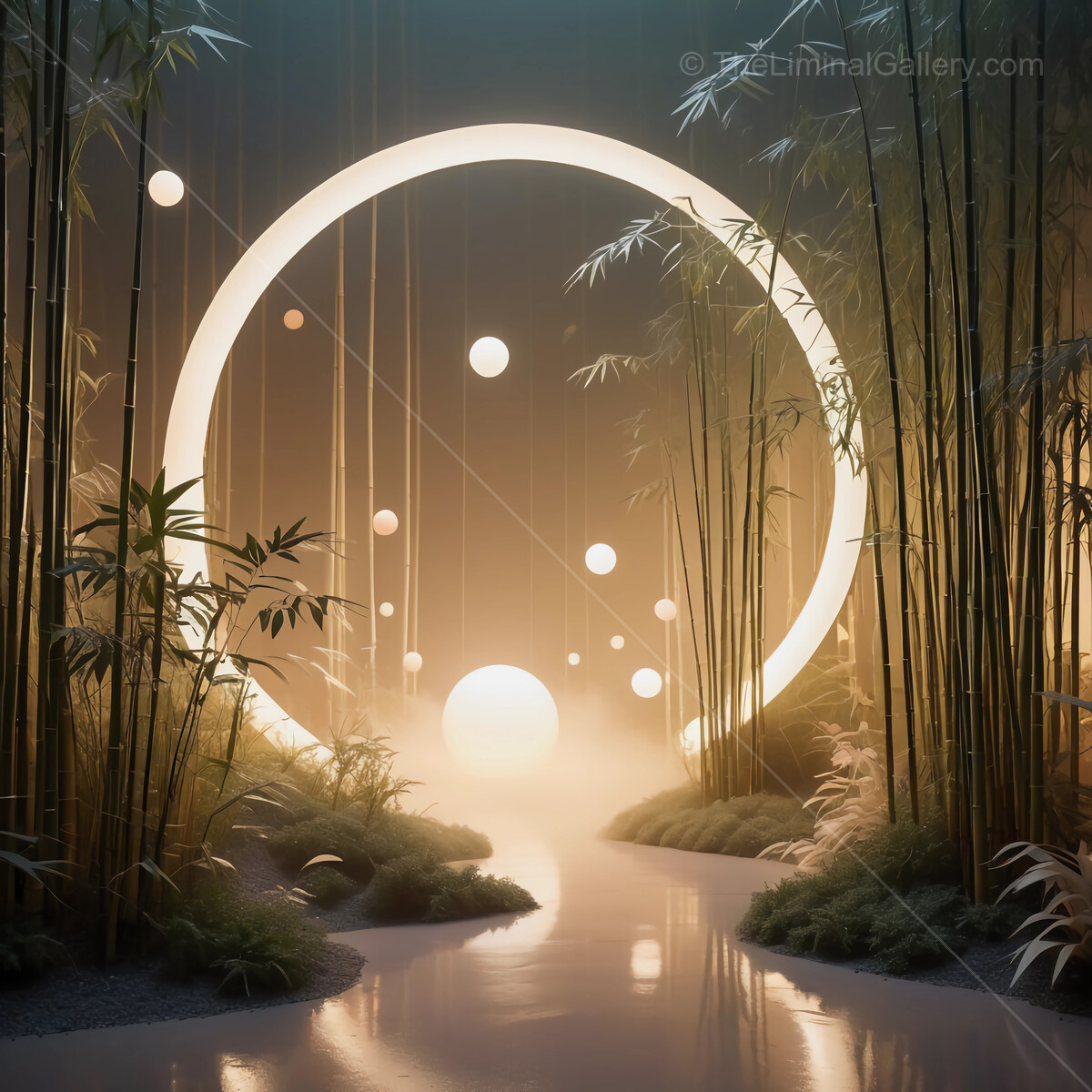 Ethereal bamboo grove illuminated by glowing orbs at twilight beckons serenity and tranquility