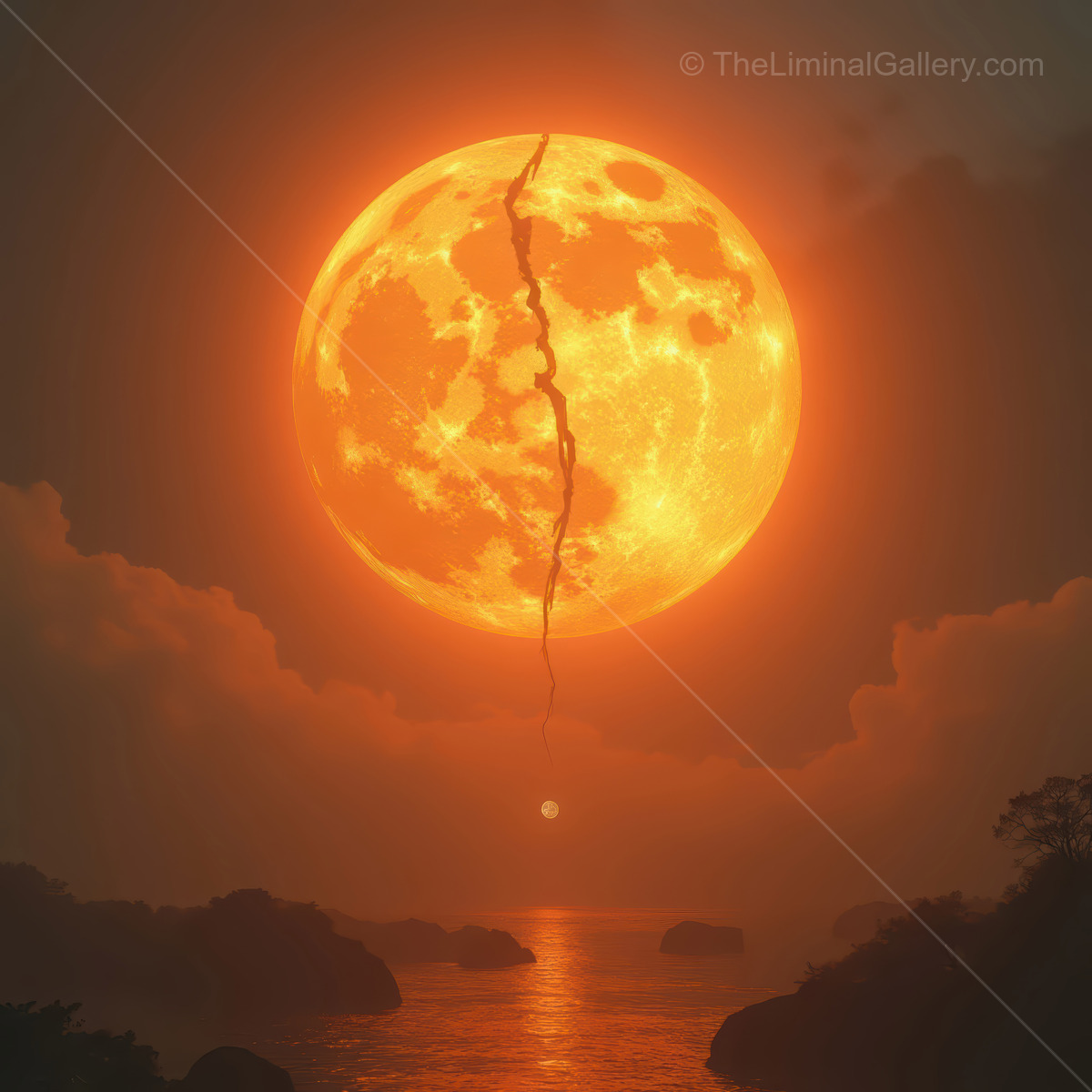 Fiery sunset and vivid orange moon mirror across placid water, horizon clouds framing a mysterious seascape that stirs awe, reflection, and twilight dreams