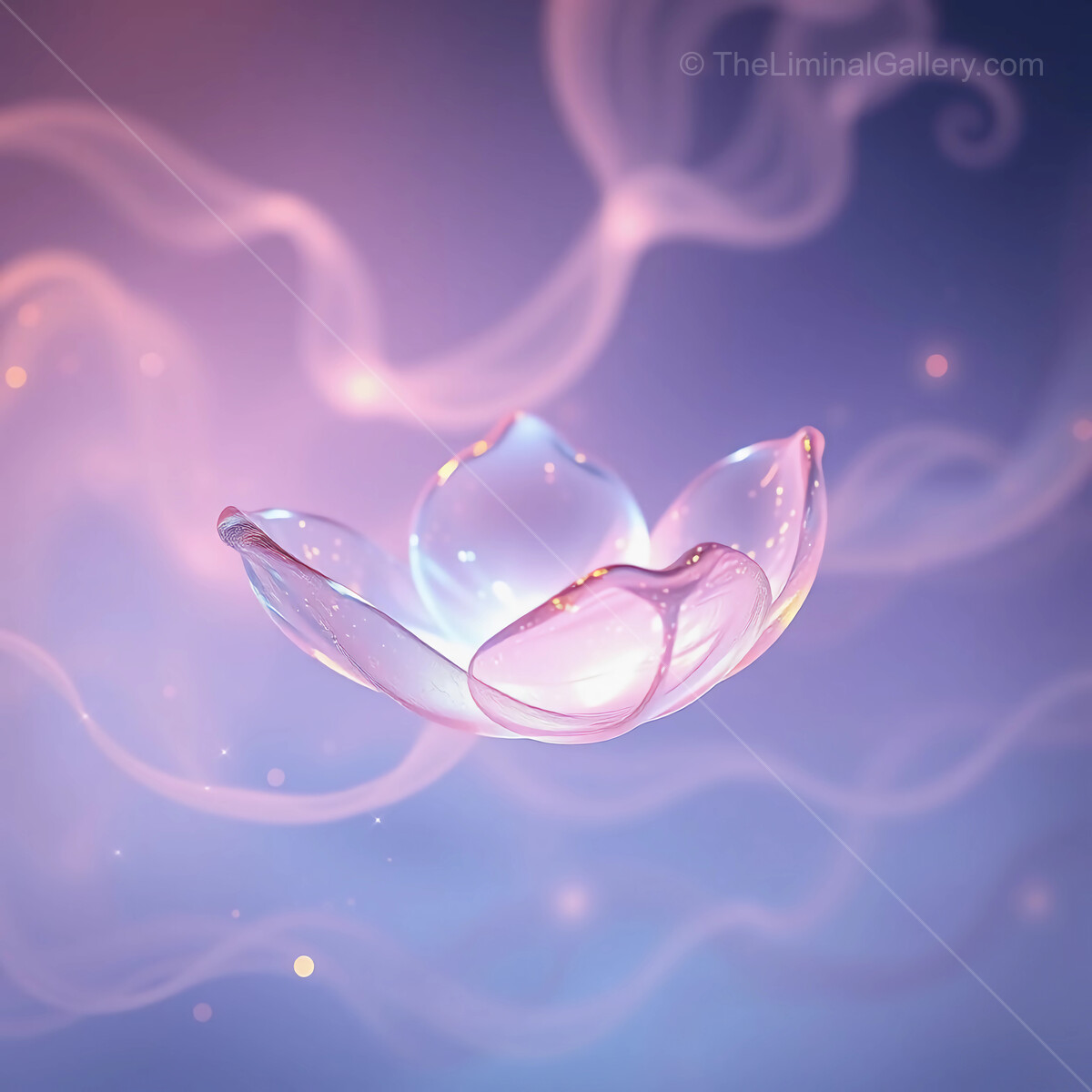 Floating crystal lotus blossom radiates tranquility in a dreamlike pastel atmosphere