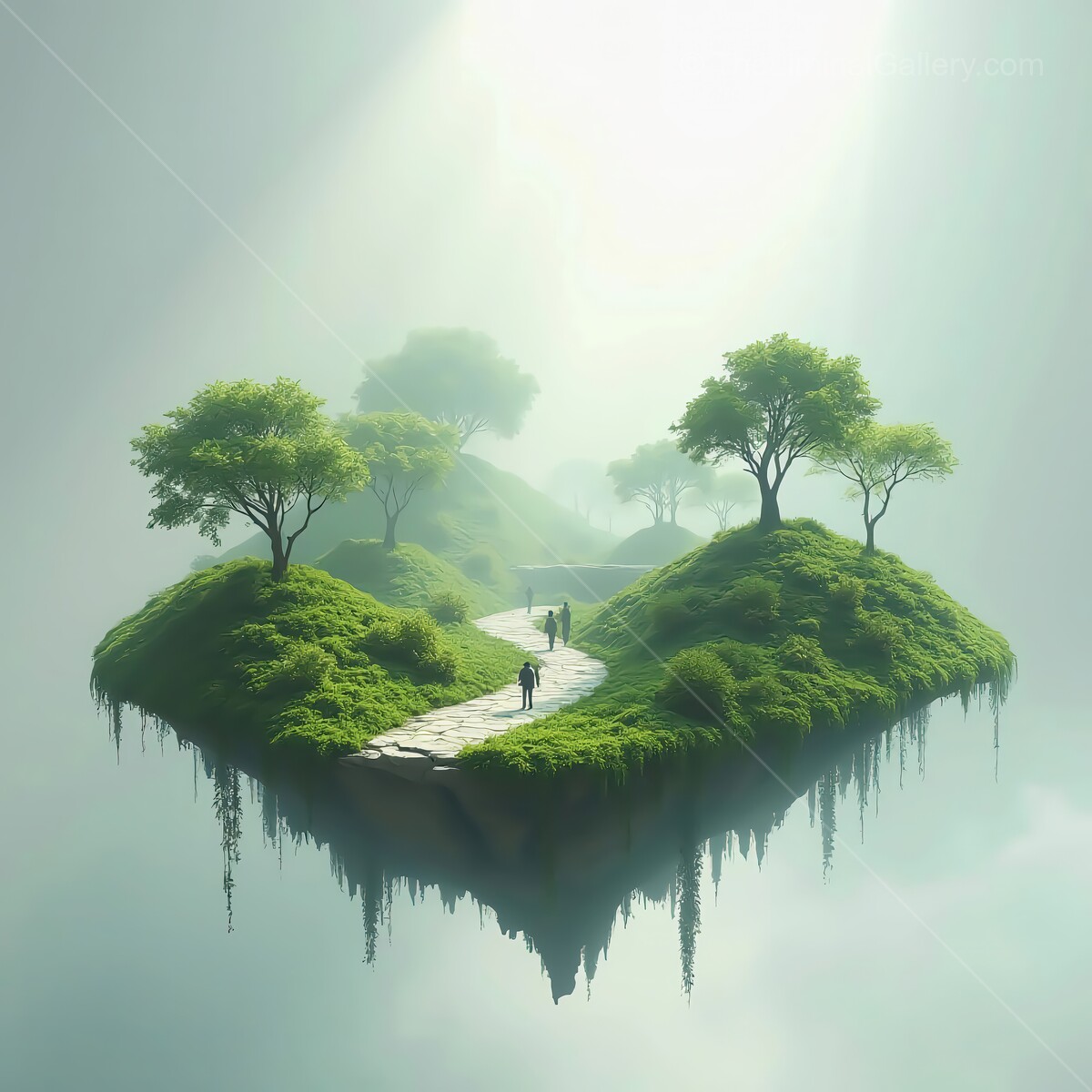 Floating pathway among lush greenery invites exploration in a tranquil, misty landscape