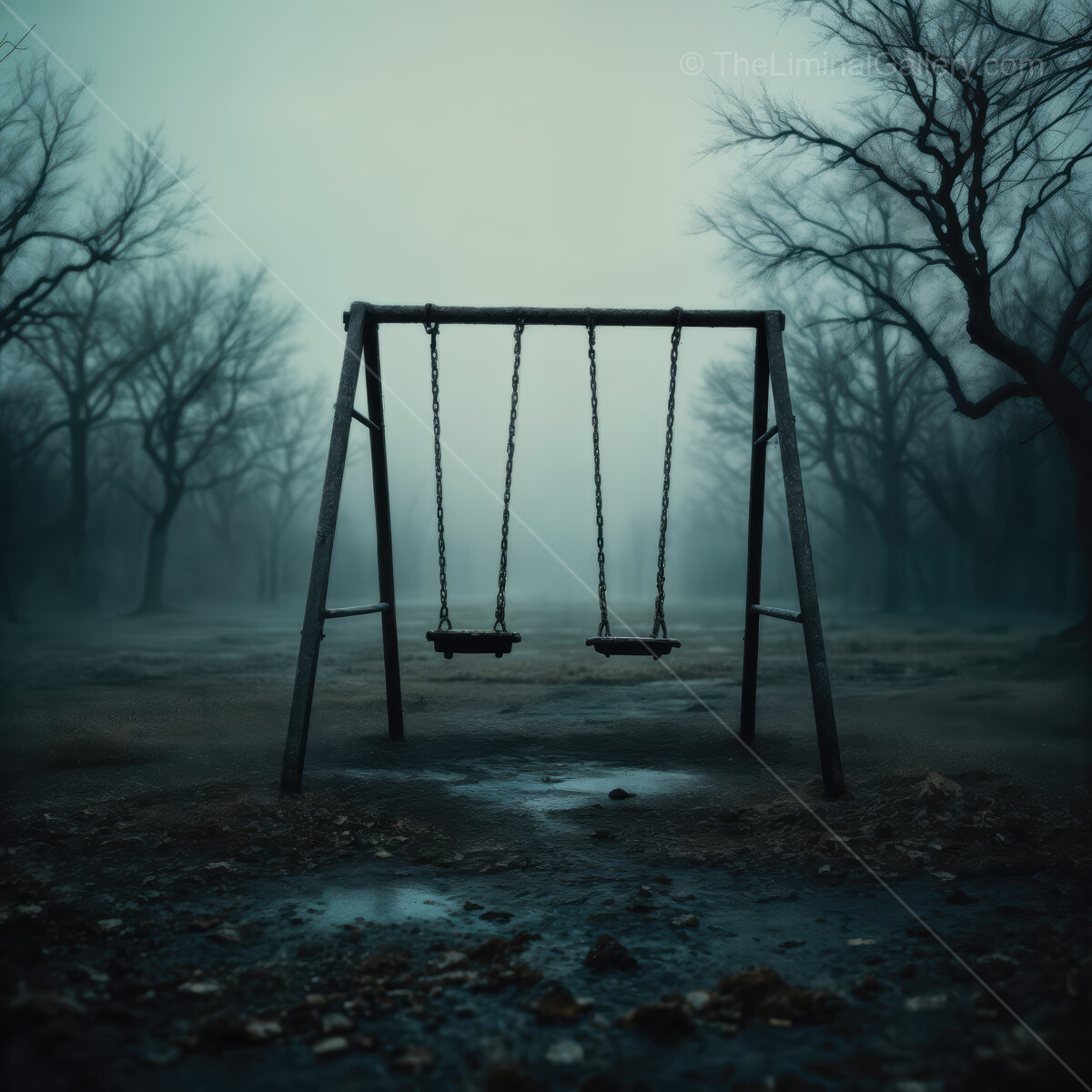 Desolate foggy park at dusk, empty swings creak beneath skeletal branches casting long shadows, evoking profound nostalgia, solitude, and eerie calm
