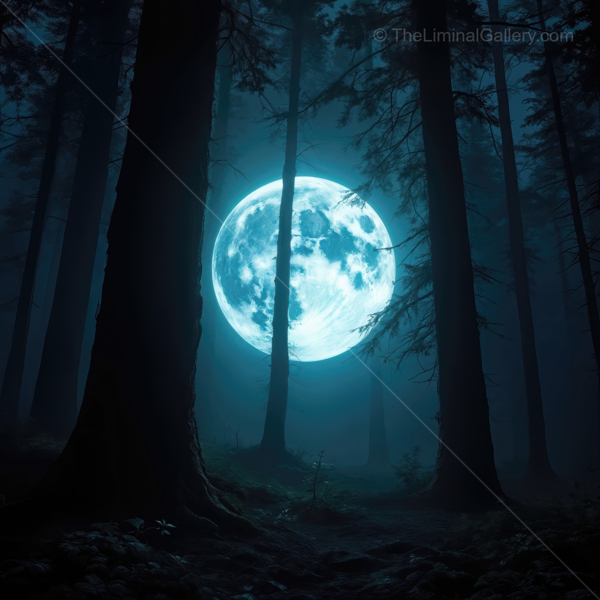 Mystical night in a dense forest illuminated by a glowing moon